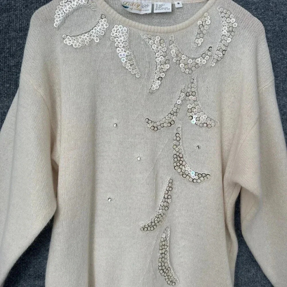 Vintage Sequins Sweater Womens Small Cream Lily of California Fuzzy Soft Top - Picture 4 of 14